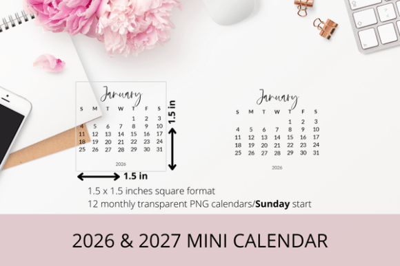 Download 2026 &amp; 2027 Monthly Mini PNG Calendar - Month Collection